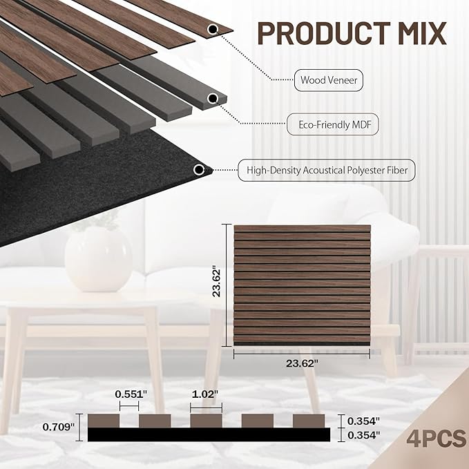 AKK-Stave Acoustic Wood Slat Wall Panels, 23.6" X 23.6" X 0.7" 15.5ft² Sound Absorbing Acoustic Panels for Walls –Wall Panels for Stylish Interiors (22# Black, 4pack - 23.6x23.6in)