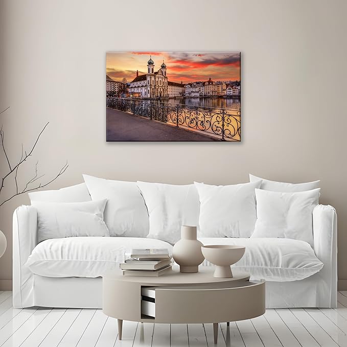 Mordern 1Pcs European Cityscape Canvas Wall Art Scenic Sunset Over River Cathedral with Domes Ready to Hang Architecture Romantic Travel Destination Decorative Framed Artwork for Living Rooms Bedrooms