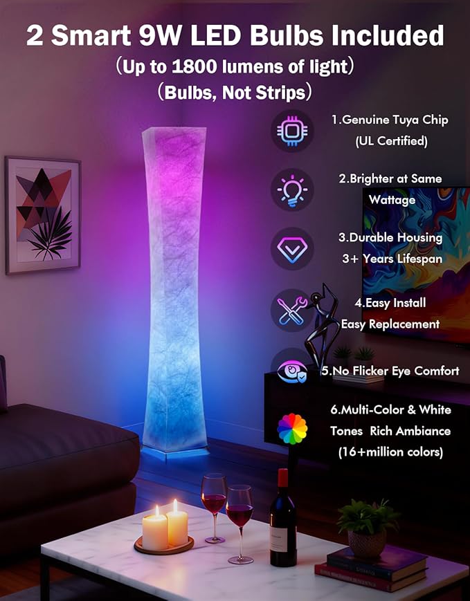 LEONC RGB+CCT Floor Lamp with Remote, 1800lm LED Tuya Smart 9W×2 Bulbs, 61" Smart Modern Floor Lamp with Alexa, Music Sync and 16 Million Colors, Color Changing Standing Lamp for Bedroom Living Room