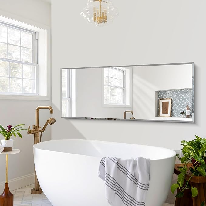 Beveled Mirror, 24x60 Large Frameless Beveled Bathroom Mirrors for Wall, Upgraded Shatterproof Rectangle Vanity Mirror with Beveled Edge for Bathroom, Bedroom, Living Room and Entryway