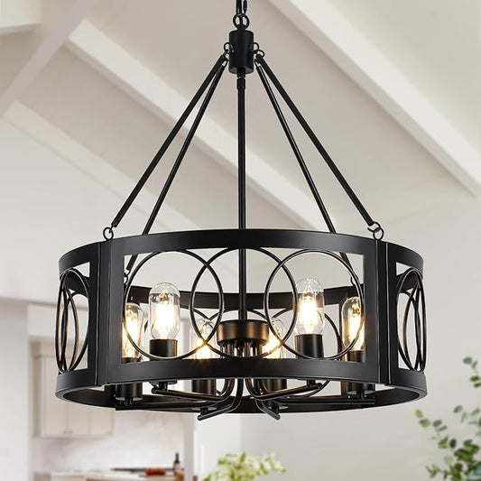 Modern Farmhouse Chandelier, 6-Light Black Chandeliers for Dining Room, 21.6'' Rustic Adjustable Pendant Lights Drum Light Fixture for Entryway Living Room Foyer Kitchen Island Bedroom, E26