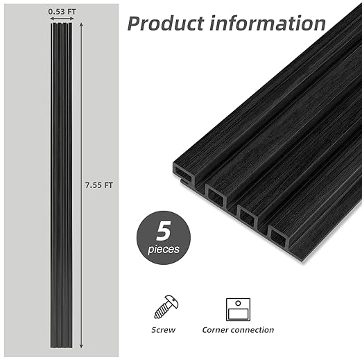 3D Faux Wood Wall Panels for Exterior – Waterproof WPC Decorative Siding Slat Covering, Outdoor UV 7.55 FT (L) x 0.53 FT(H) Resistant Wall Decor, Easy Install Design (Black, Pack of 5 Piece)
