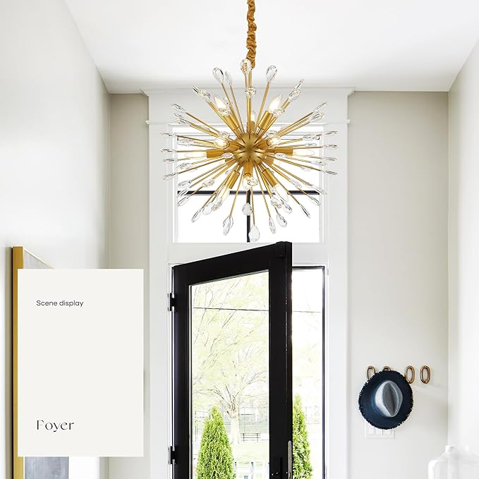 12-Light Gold Sputnik Chandeliers, 24" Starburst Firework Pendant Light fixtures, Mid-Century Modern Satellite Ceiling Lights for Dining Room, Kitchen, Bedroom, Living Room, E12