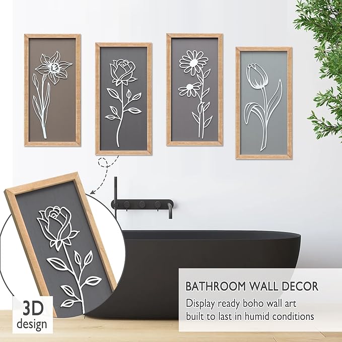 3D Wooden Floral Framed Wall Decor of 4, 7"X16" Farmhouse Vintage Boho Minimalist Flower Wall Art for Living Room, Rustic Retro Moody Vertical Tulip Rose Daisy Daffodil Botanical Wall Sculptures