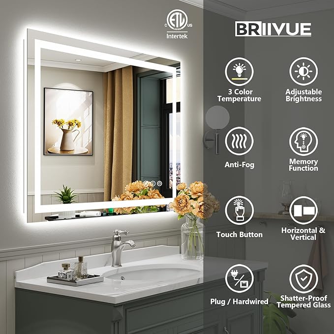 48"x40" LED Bathroom Mirror with Lights, Backlit & Front Lit, Anti-Fog Lighted Bathroom Vanity Mirror for Wall, Memory Function, Dimmable, HD Tempered Glass, Shatter-Proof