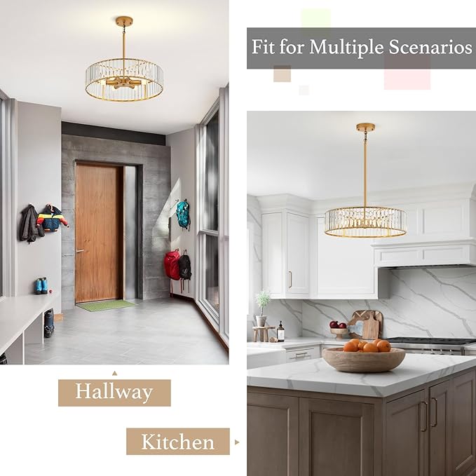 Modern Crystal Gold Chandelier for Dining Room,19.7 inch Semi Flush Mount Ceiling Dining Room Light Fixture with E12 Base*6,Round Pendant Lighting for Bedroom Hallway Bathroom Foyer Kitchen