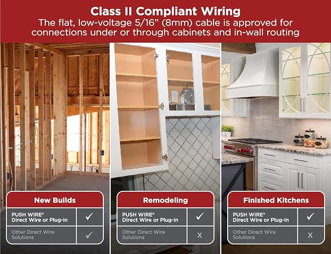 Black+Decker PureOptics Professional Push Wire 100' Jumper Wire Spool for Under Cabinet Lighting, Flat 5/6" or 8mm Cable, 4-Core CL2 Compliant, Non-Metallic, White