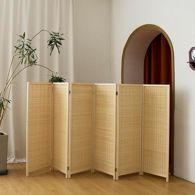 6 Panel Short Panel Divider Screen,3.95 FT Tall Bamboo Room Divider Folding Privacy Screen,Short Panel Divider Freestanding Room Divider for Room Seperation,Beige