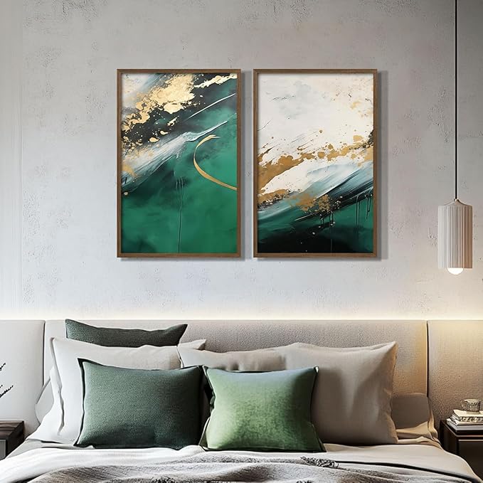 2pcs Wood Framed Green Abstract Canvas Wall Art - Abstract Green Gold Fluid Artwork - Modern Green Gold Abstract Prints Posters - Living Room Bedroom Decorative Paintings Gallery Style Wall Hanging Pictures