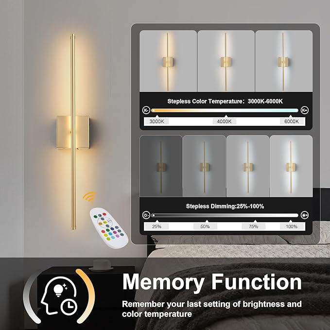 Battery Operated Wireless Wall Sconces Set of Two, with Remote, Dimmable, Warm White/Natural White/Daylight/RGB, 350°Rotate, LED Gold Wireless Wall Light for Living Room, Bedroom, 28.3 Inch