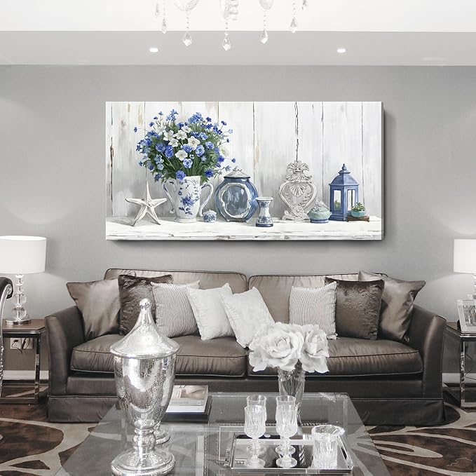 Nicetop Oversized Vintage Wall Art – Rustic Coastal Still Life Floral Canvas Print Country Farmhouse Cottagecore Shabby Chic Style Botanical Artwork Blue Picture for Large Living Room Kitchen 58x29Inch