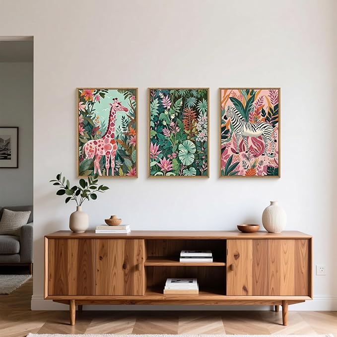 Aryroi Large Jungle Giraffe and Zebra Framed Canvas Wall Art,Modern Safari Wild Animal Wall Decor,Tropical Nature Wildlife Artwork,Boho Botanical Art Print for Living Room,Bedroom,Office-16 x24 x3