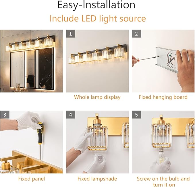 Modern Bathroom Vanity Light 6-Lights Black Gold Crystal Bathroom Wall Light Vanity Light Fixtures，44.09-inch Modern Minimalist Design