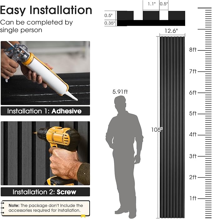 Acoustic Wood Slat Panels 2 Pack 106" x 12.6", Soundproof Wooden Wall Panels, 3D Fluted Panel for Interior Wall Decor, Living Room, Bedroom - Black (Cover Approx. 19 sq.ft)