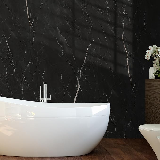 Marble Peel and Stick Waterproof Wall Paneling, 118" x 47" Black Marquina Glossy Finish Self-Adhesive Backsplash Tile Vinyl Wall Panel for Kitchen Bathroom Wall Decor, Covers 38.75 Sq. Ft.
