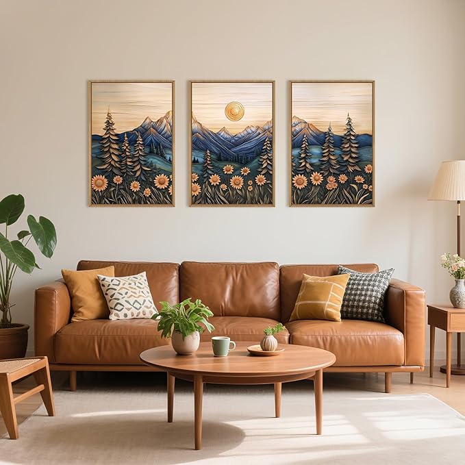 Large Natural Floral Mountain Framed Canvas Wall Art,Vintage Forest Wall Decor,Boho Abstract Moonlight Landscape Artwork,Mid Century Scenery Art Print for Living Room,Bedroom,Office- 24"x36"x3