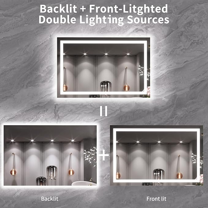 LOAAO 55X36 LED Bathroom Mirror with Lights, Anti-Fog, Dimmable, Backlit + Front Lit, Lighted Bathroom Vanity Mirror for Wall, Memory Function, Tempered Glass, ETL Listed