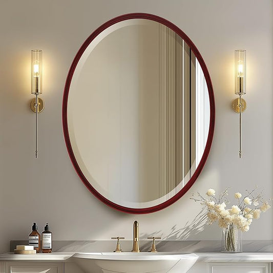 OVALCREST - Oval Wooden Beveled Wall Mirror for Home Decor, Bathroom, Vanity, Bedroom, Living Room, Hallway - London Style (Black Cherry) 31.1 x 25.1