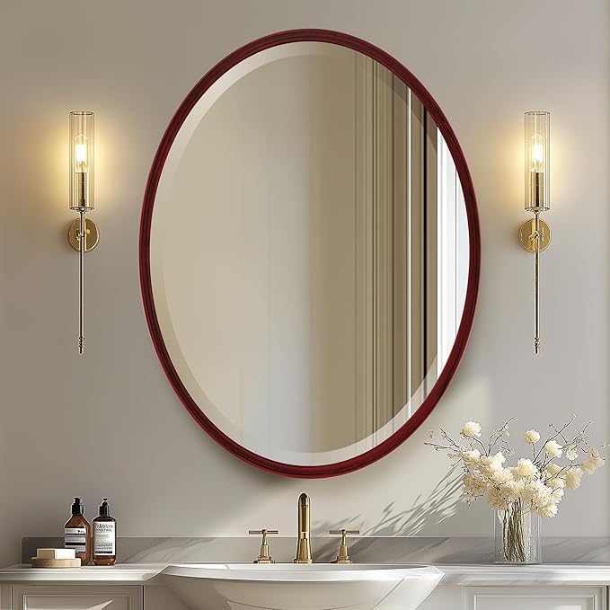 OVALCREST - Oval Wooden Beveled Wall Mirror for Home Decor, Bathroom, Vanity, Bedroom, Living Room, Hallway - London Style (Black Cherry) 21.1 x 17.1