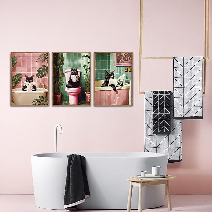 CHDITB Bathroom Black Cat Framed Canvas Wall Art Set, Funny Bathroom Wall Decor, Pink Green Toilet Artwork Black Cat Toilet Wall Painting, Tropical Art Prints Modern Home Decor - Large Size 16"x24"x3