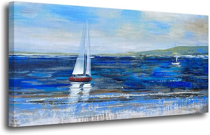 Ardemy Blue Abstract Canvas Wall Art for Living Room Sailboat Large Wall Decor Painting Picture Bedroom Textured Nautical Navy Blue Seascape Artwork Art for Home Office,48"x24"