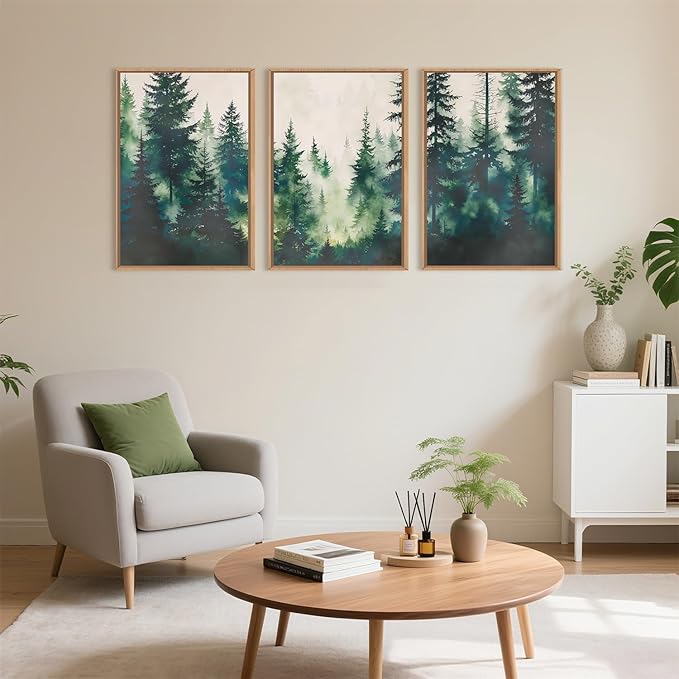 Misty Forest Landscape Framed Canvas Wall Art Set, Nature Green Pine Tree Wall Decor, Calming Greenery Boho Scenery Artwork Watercolor Modern Foggy Print for Living Room,Bedroom-24 x36 x3