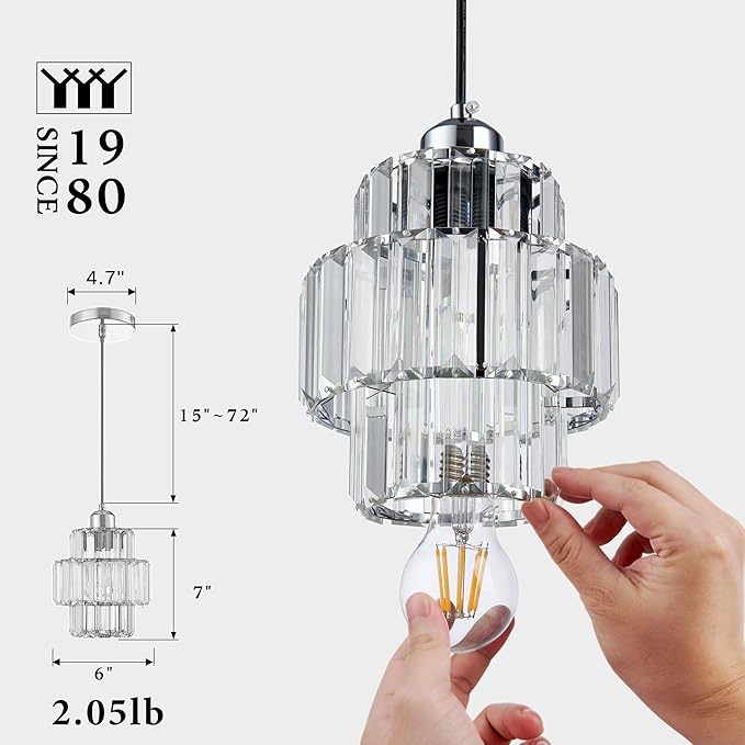 Modern Crystal Chandelier, 6"x7" Classic Crafted Pendant Light, Glass & Metal Hanging Light for Innovative Small Space Use in Dining Room, Kitchen Island, Bedroom, Living Room - Luminous