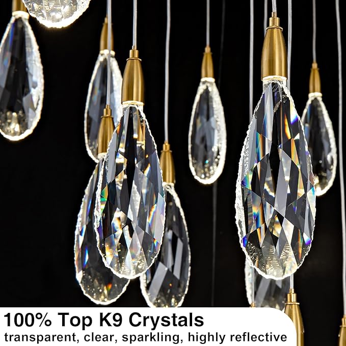 189" Luxury Long Crystal Chandelier, 43-Light Modern Gold Raindrop Staircase Chandelier, Contemporary 4000K Dimmable Flush Mount Light Fixture for Foyer, Entryway, Living Room, High Ceilings