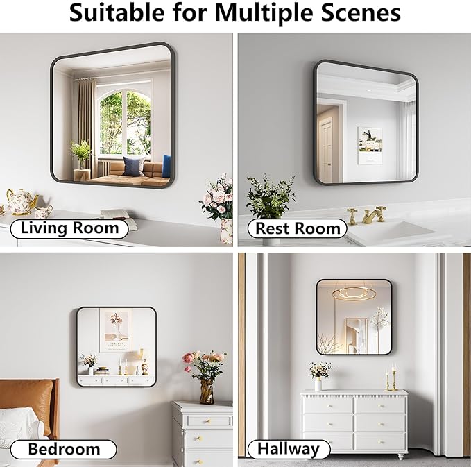 Koonmi Bathroom Mirror, 30X30 Inch Black Metal Framed Mirror for Bathroom, Tempered Glass, Anti-Rust, Rounded Rectangle Mirror for Restroom, Bedroom, Black