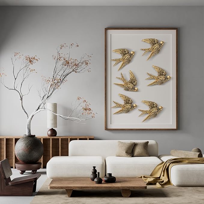 6 Pcs Vintage Bird Wall Sculpture Decor Art 4.7 Inch Antique 3D Sculpted Hanging Bird Resin Wall Art Golden Brass Rustic Floating Ornament for Living Room Garden Indoor Outdoor, Gift for Christmas