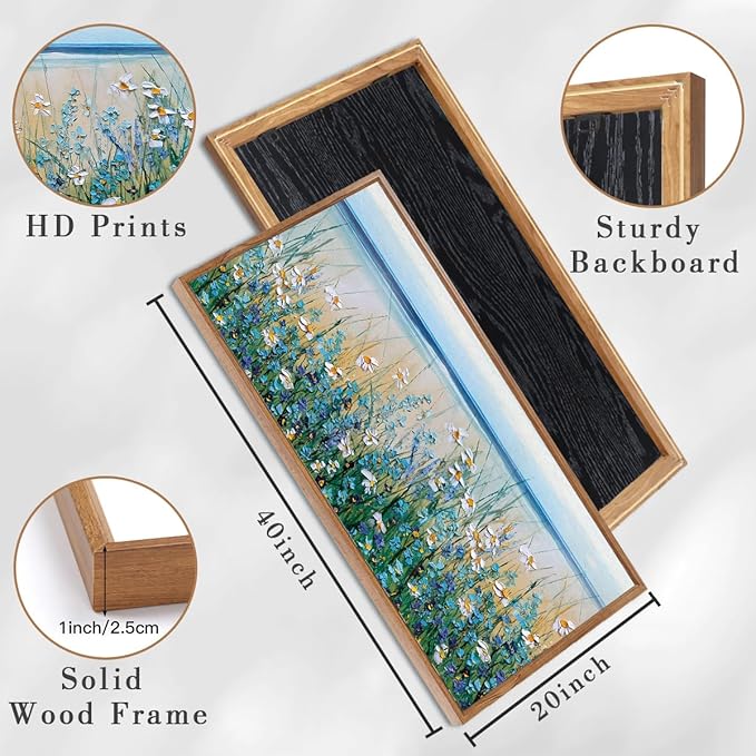 Large Blue Seaside Cyan Floral Wall Painting wildflower Blossom Art Framed Artwork for Living Room Bedroom 20x40 Inch