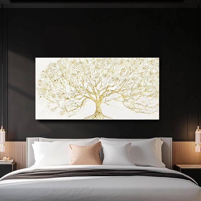 Big Gold Tree Wall Prints Framed Canvas Picture Neutral Wall Decor 29"x58" White and Gold Abstract Wall Art for Living Room Bedroom Dining Room