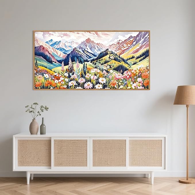 Large Colorful Scenery Framed Canvas Wall Art, Abstract Floral Mountain Wall Decor,Boho Botanical Landscape Artwork,Brilliant Nature Art Print for Living Room, Bedroom, Office- 40"x20"
