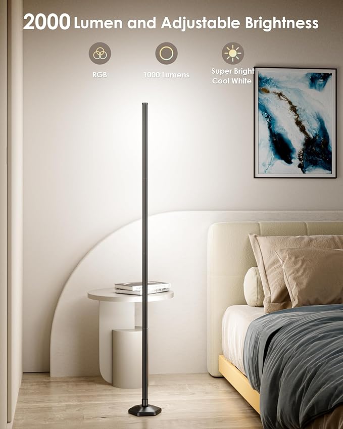 2PCS RGB+W Corner Floor Lamp, 65" Color Changing 24V LED Floor Lamp with Cool White Bluetooth APP Remote Control Music Sync Modern Stand Lamp 16 Million DIY Colors for Living Room Bedroom