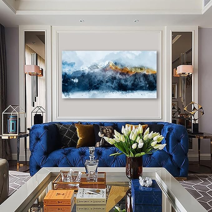 arteWOODS Mountain Canvas Wall Art Indigo Abstract Mountain Painting Prints Blue Clouds Orange Mountain Peaks Pictures Artwork for Living Room Bedroom Gallery Wall Decor Ready to Hang 29" X 58"
