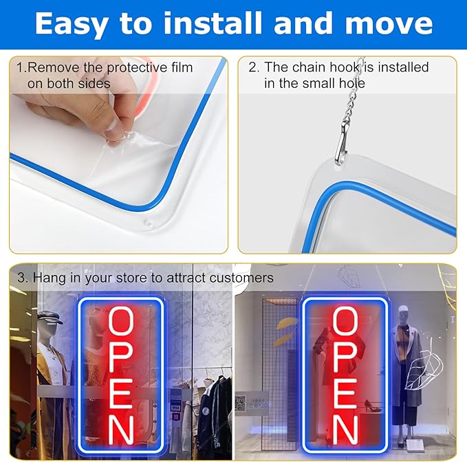 22.8"x 11.8" Ultra Bright 12V Neon Open Sign for Business, LED Open Neon Sign, Electric Light up Signs for Stores, Restaurants Offices Retail Shops Window (Blue-Red-Vertical)