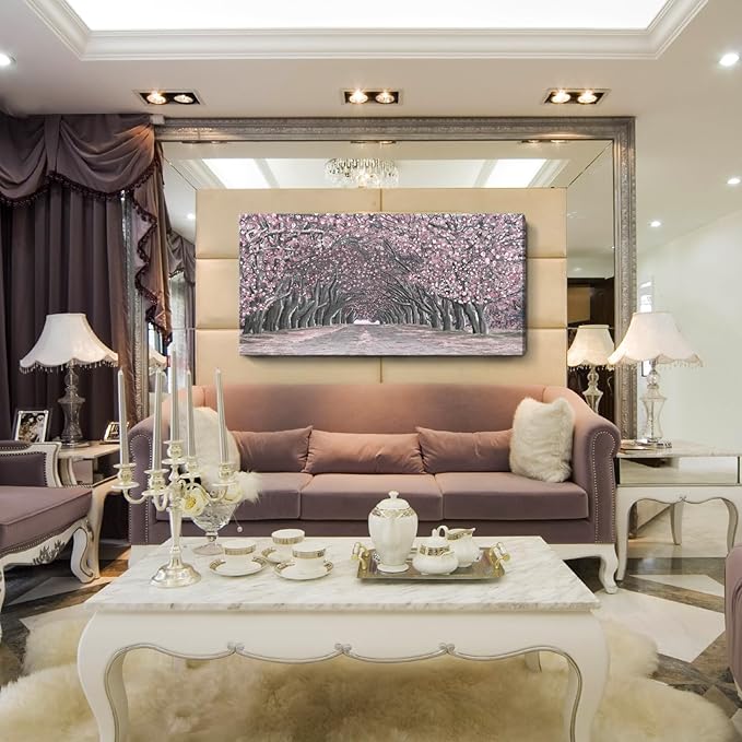 Nicetop Large Pink Wall Art – Floral Tree Artwork Romantic Cherry Blossom Landscape Canvas Art Print Dreamy Sakura Flower Pathway Forest Tunnel Nature Picture for Living Room Bedroom Girls Room 48x24 Inch