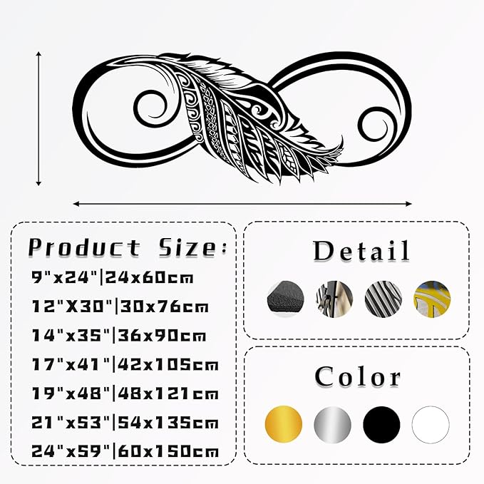 Metal Wall Art-Infinity Feather Wall Art, Infinity Metal Wall Decor, Feather Wall Decor, Metal Feather Wall Art Decor, Unique Infinity Feather Wall Decor, Bedroom Wall Decor (Black, 17"x41"|42x105cm)