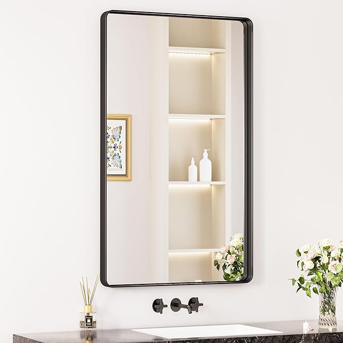 Keonjinn Black Bathroom Mirrors for Over Sink, 40” x 24” Matte Sandblasted Finish Aluminum Vanity Mirror, Rectangle Farmhouse Mirrors with HD Tempered Glass, Anti-rust Wall Mirror, Horizontal/Vertical