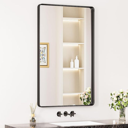 Keonjinn Black Bathroom Mirrors for Over Sink, 40” x 24” Matte Sandblasted Finish Aluminum Vanity Mirror, Rectangle Farmhouse Mirrors with HD Tempered Glass, Anti-rust Wall Mirror, Horizontal/Vertical