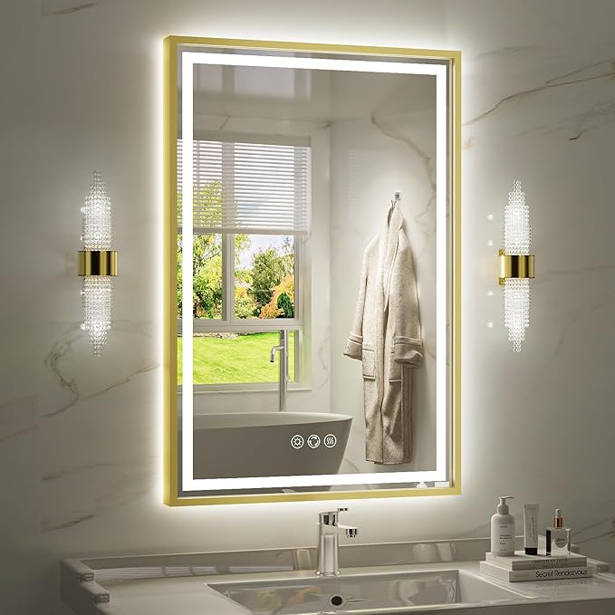 24X36 Inch Led Bathroom Mirror,Frontlit & Backlit Lighted Mirror,Gold Metal Frame Vanity Mirror for Wall,Double Lights Strips,Anti Fog Stepless 3 Colors Temperature & Dimmable