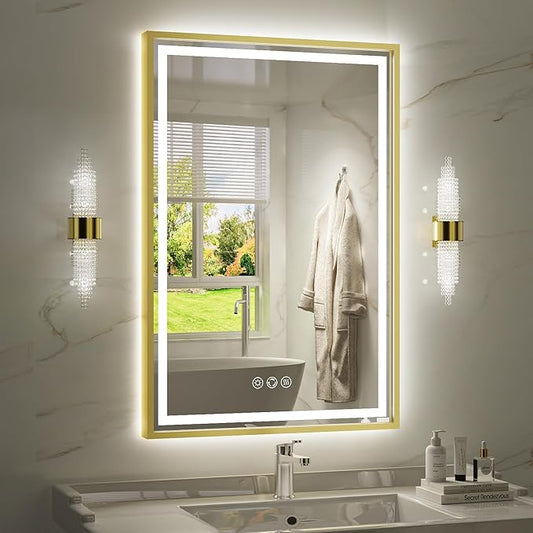 24X36 Inch Led Bathroom Mirror,Frontlit & Backlit Lighted Mirror,Gold Metal Frame Vanity Mirror for Wall,Double Lights Strips,Anti Fog Stepless 3 Colors Temperature & Dimmable