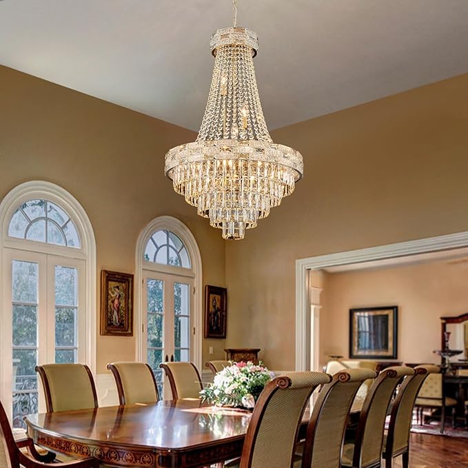 12-Light Gold Crystal Chandeliers,Empire Chandelier Light Fixture Modern High Ceiling Hanging Chandelier for Entryway,Foyer,Staircase,Hallway,Living Room(H36 x D23.2)