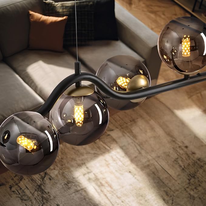 L55 in Mid Century Modern Chandelier, Black and Gold Globe Sputnik Glass Chandeliers Light Fixture,Rectangular Chandelier, 9 Light Dining Room Light Fixtures Over Table