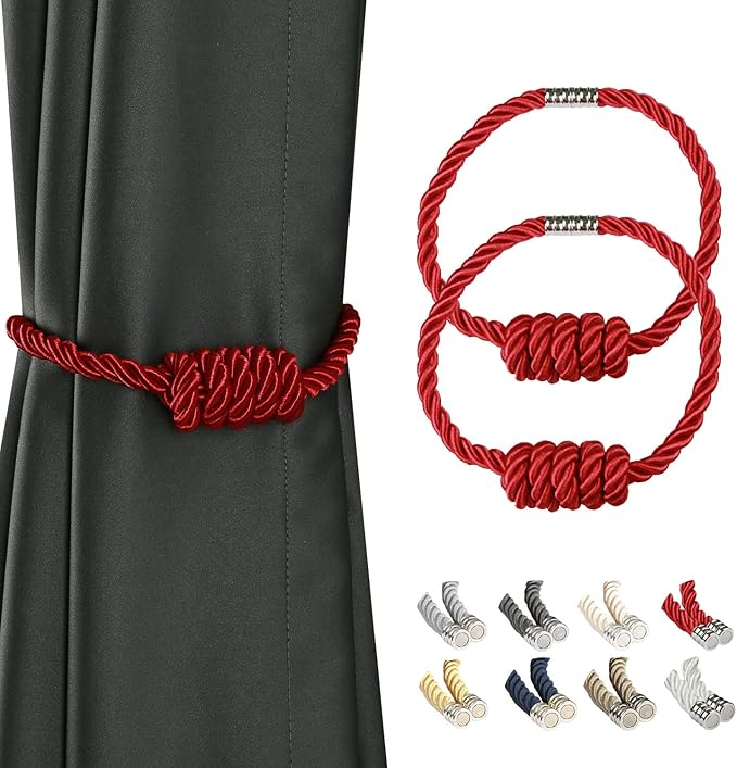 BEL AVENIR Magnetic Curtain Tiebacks, Decorative Drapery Holdbacks Modern Woven Tie-Backs with Exquisite Knot (Red, 2 Pack)