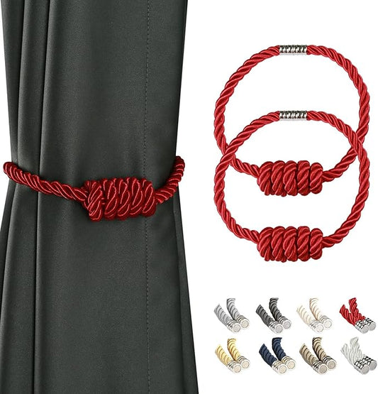 BEL AVENIR Magnetic Curtain Tiebacks, Decorative Drapery Holdbacks Modern Woven Tie-Backs with Exquisite Knot (Red, 2 Pack)