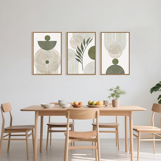 Large Sage Green Boho Botanical Framed Canvas Wall Art Set,Abstract Minimalist Beige and Green Wall Decor,Modern Geometric Leaf Line Boho Artwork for Living Room,Bedroom,Office-24 x36 x3