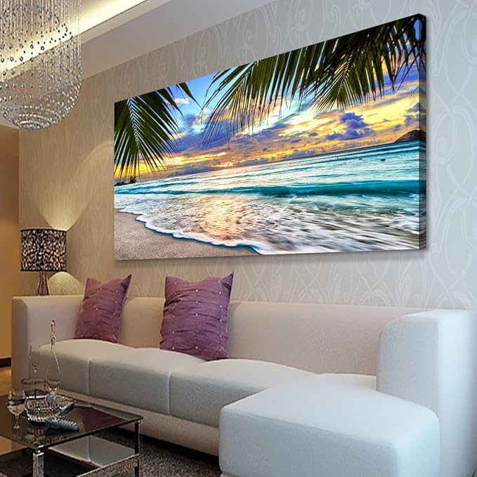 Beach Canvas Wall Art Seascape Theme Pictures Home Decor Blue Ocean White Wave Palm Tree Prints Paintings for Living Room Bathroom Bedroom Kitchen Office Decoration Natural Scenery Artwork 24x48inches