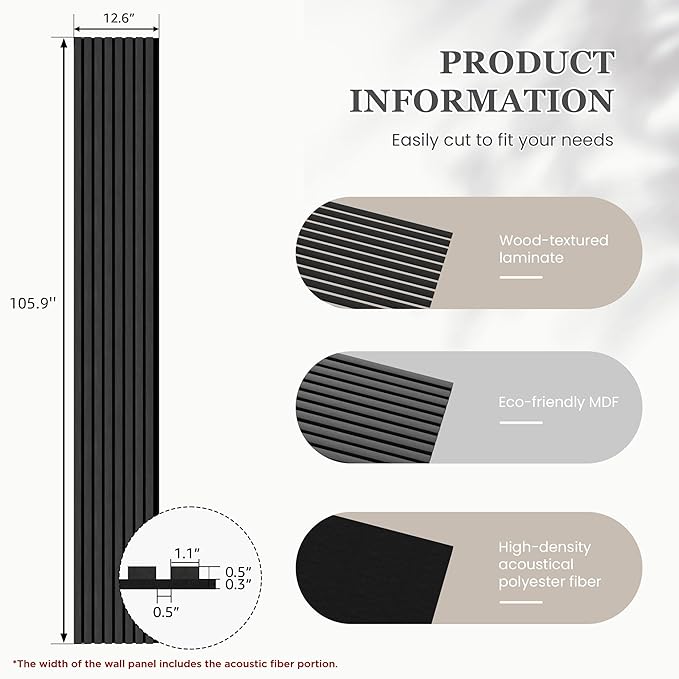 2 Pack 105.9" x 12.6" x 0.8" Acoustic Wall Panels Sound Absorbing, Wood Slat Wall Panels for Wall Decor, Soundproof Wood Wall Panels, Matte Black