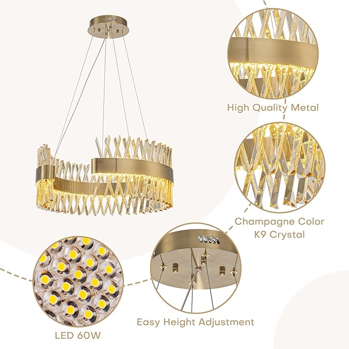 Modern Gold Chandeliers, 24" LED Dining Room Light 60W Dimmable Luxury Crystal Round Chandelier for Kitchen Island Bedroom Foyer Entryway Living Room, Brass